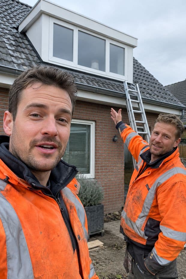 Twee installateurs in oranje werkkleding buiten bij een pas geplaatste dakkapel